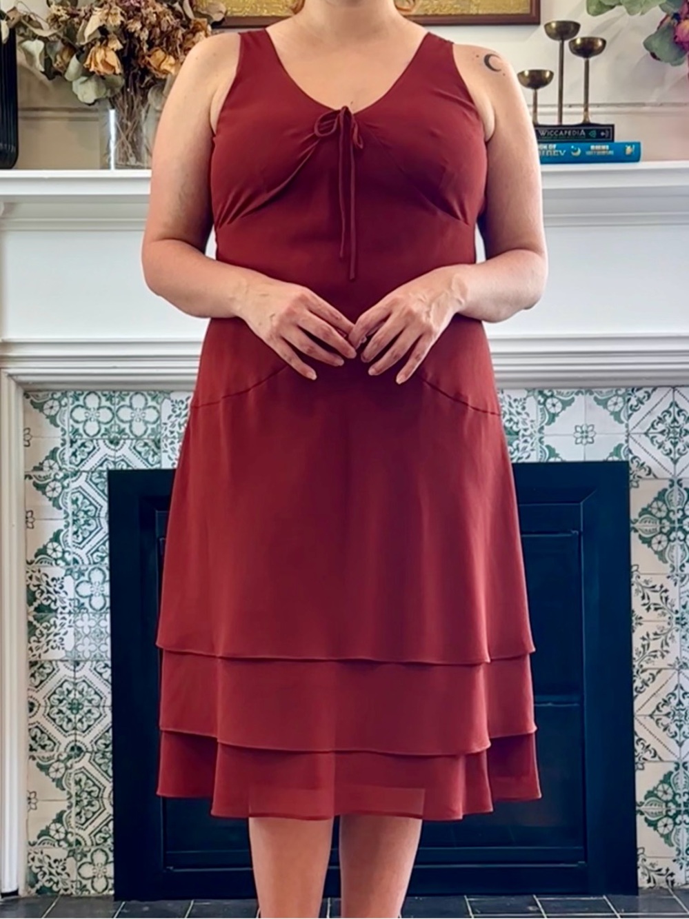 karin stevens Rust-Tone Tiered Sleeveless Midi Dress